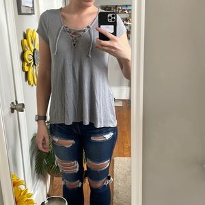 gray short sleeve lace up